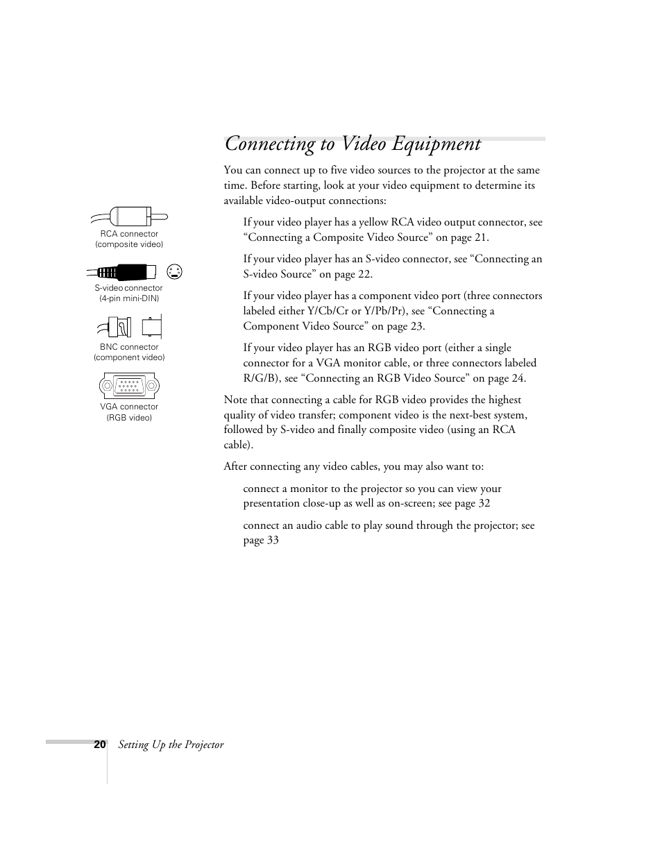 Connecting to video equipment | Epson 9300i User Manual | Page 20 / 140