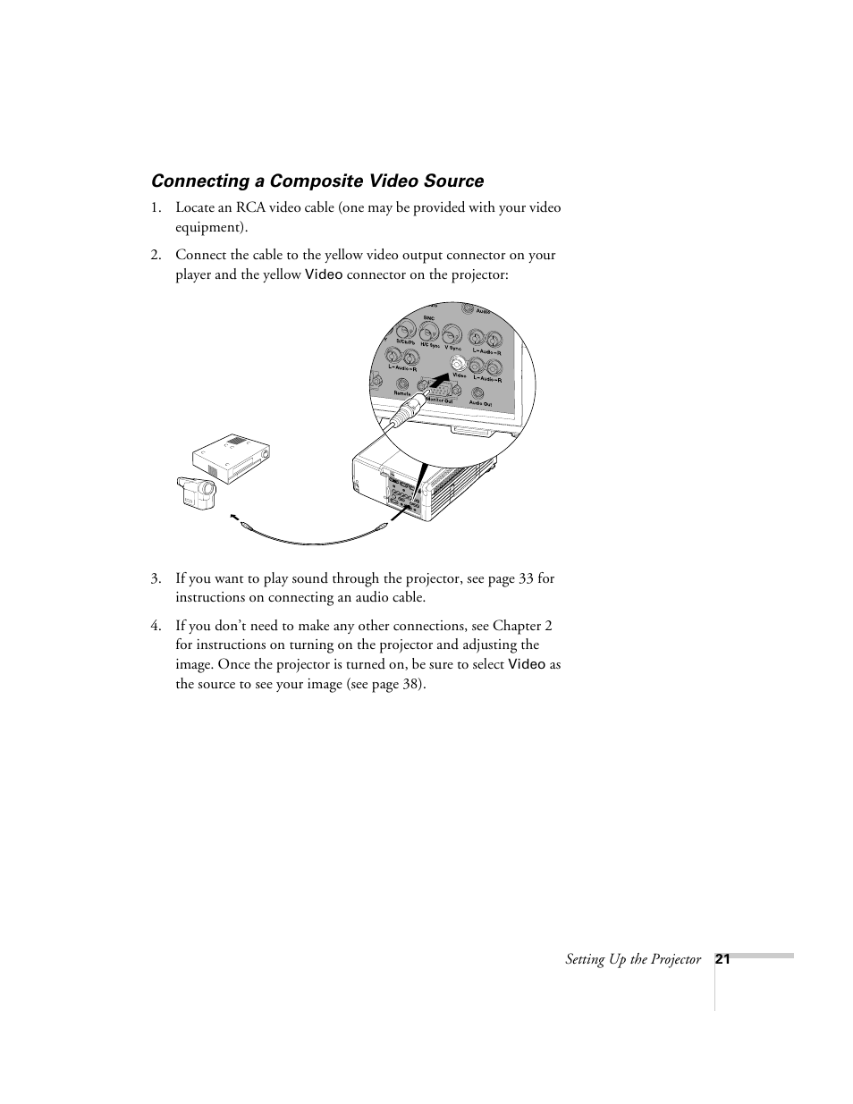 Connecting a composite video source | Epson 9300i User Manual | Page 21 / 140