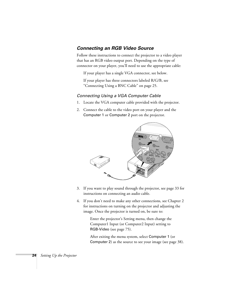 Connecting an rgb video source, Connecting an rgb video source” o | Epson 9300i User Manual | Page 24 / 140