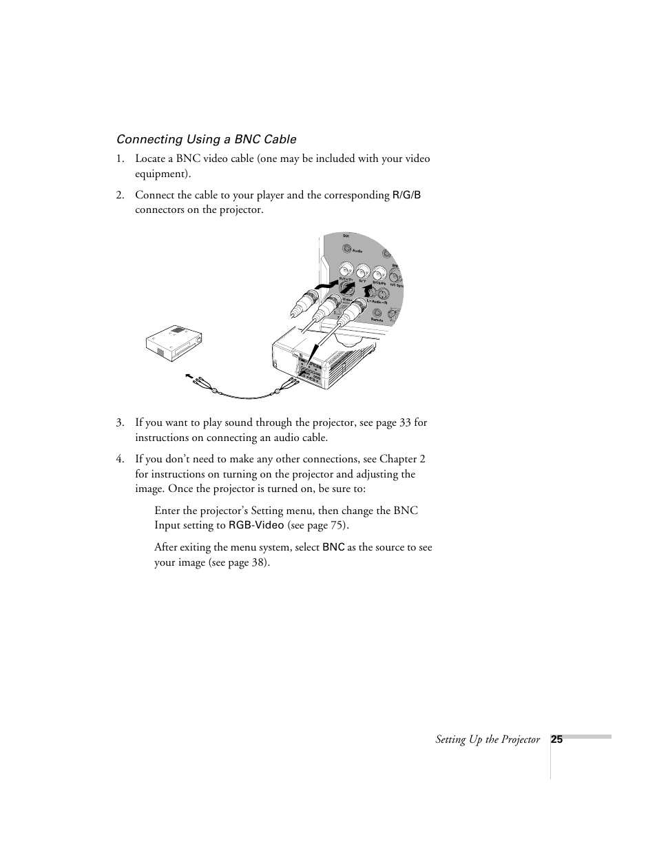 Connecting using a bnc cable | Epson 9300i User Manual | Page 25 / 140