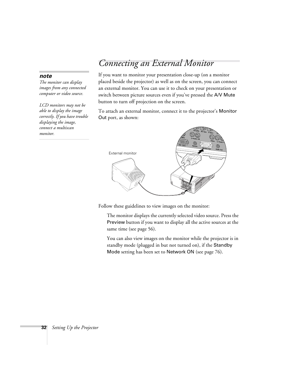 Connecting an external monitor | Epson 9300i User Manual | Page 32 / 140