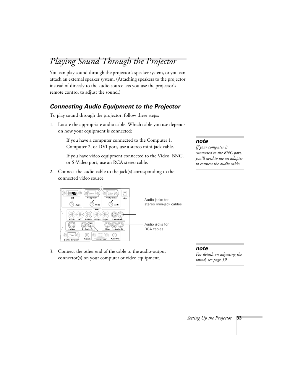 Playing sound through the projector, Connecting audio equipment to the projector | Epson 9300i User Manual | Page 33 / 140