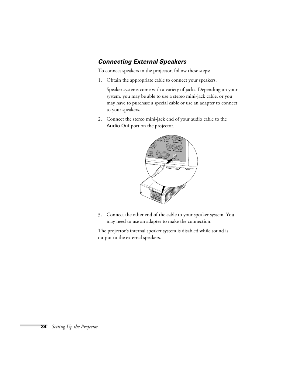 Connecting external speakers | Epson 9300i User Manual | Page 34 / 140