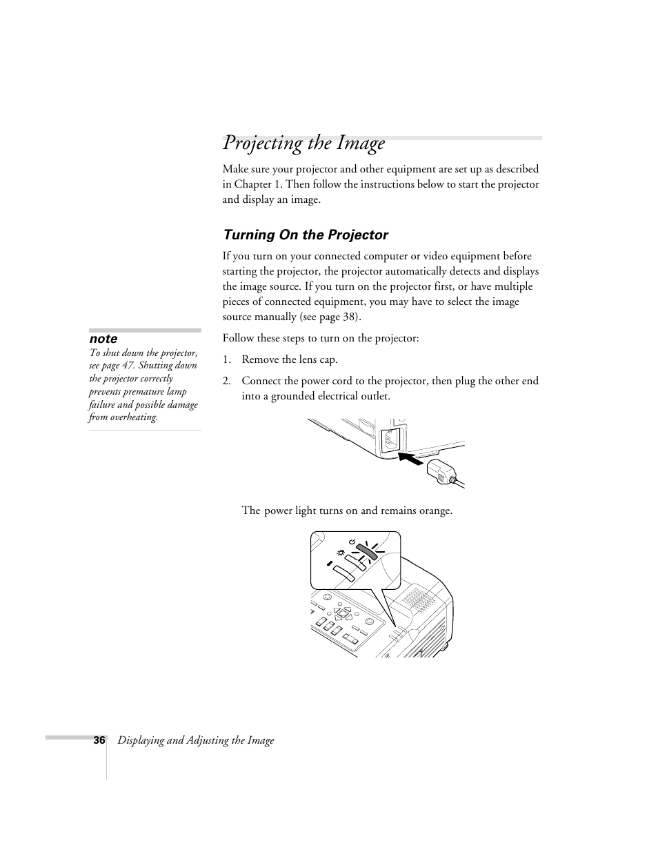 Projecting the image, Turning on the projector | Epson 9300i User Manual | Page 36 / 140