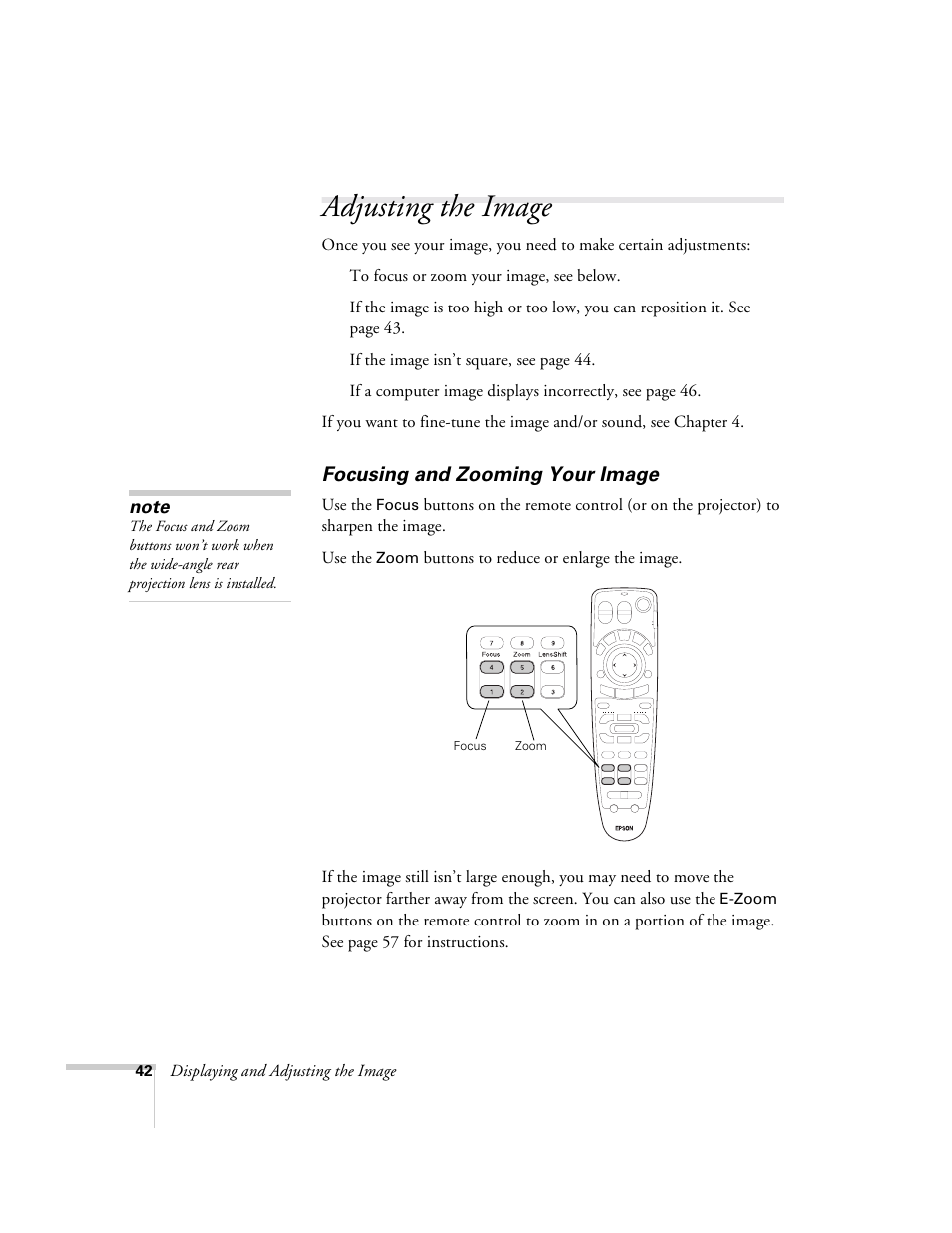 Adjusting the image, Focusing and zooming your image | Epson 9300i User Manual | Page 42 / 140