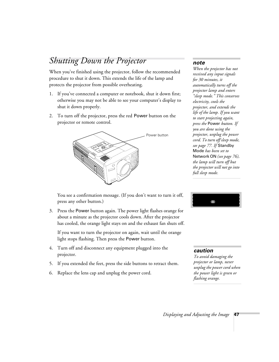 Shutting down the projector | Epson 9300i User Manual | Page 47 / 140