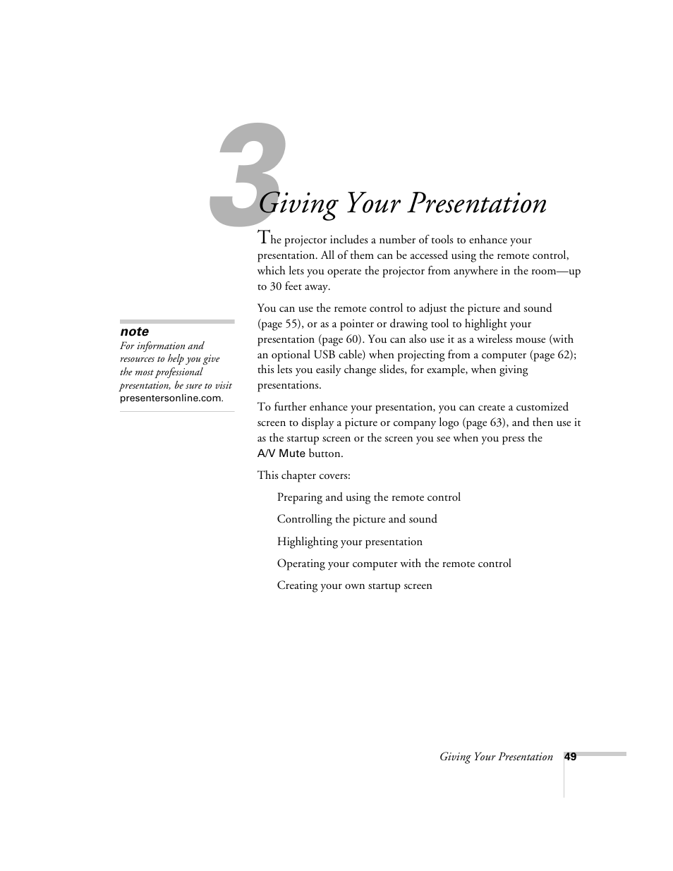 Giving your presentation | Epson 9300i User Manual | Page 49 / 140