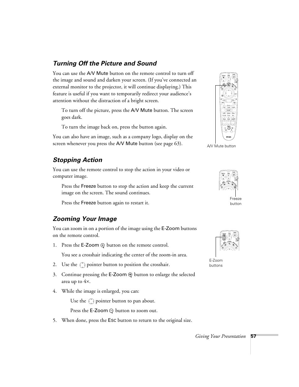 Turning off the picture and sound, Stopping action, Zooming your image | Epson 9300i User Manual | Page 57 / 140