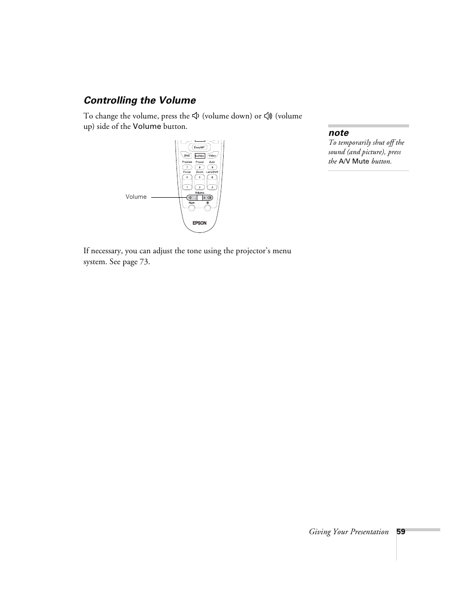 Controlling the volume | Epson 9300i User Manual | Page 59 / 140