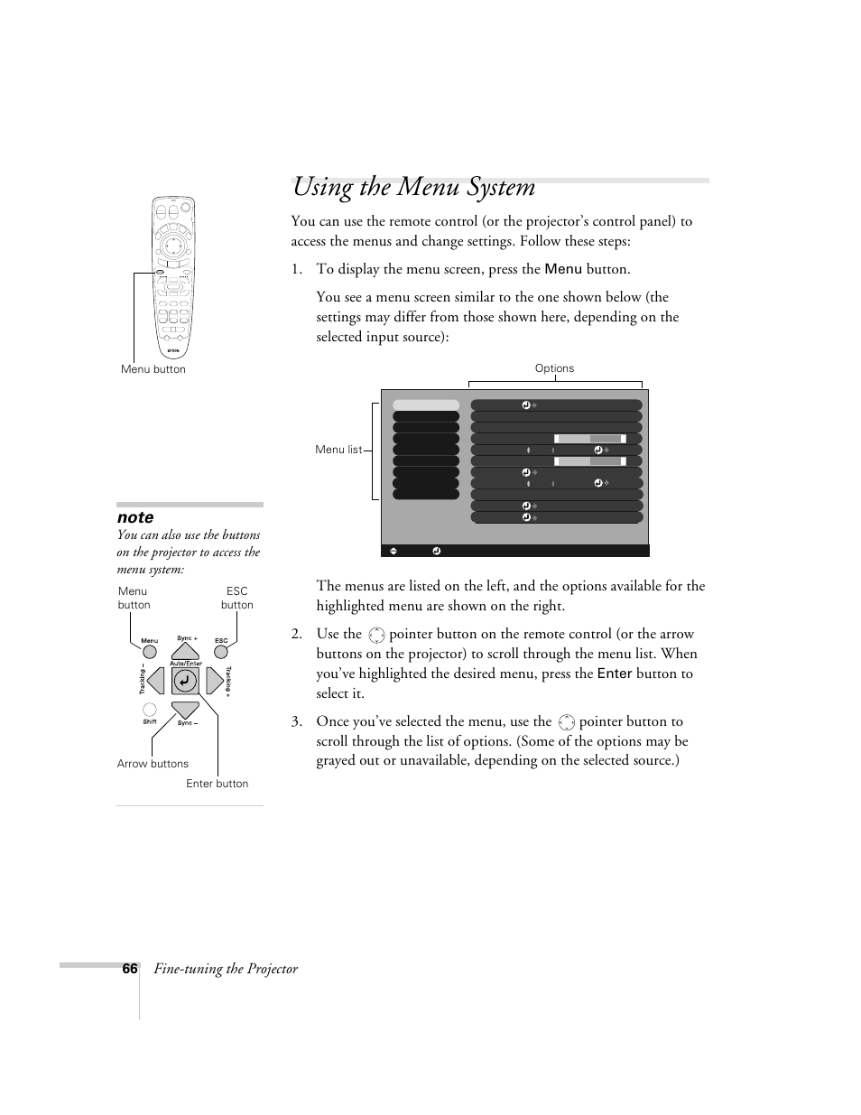 Using the menu system, Fine-tuning the projector, Menu | Enter | Epson 9300i User Manual | Page 66 / 140