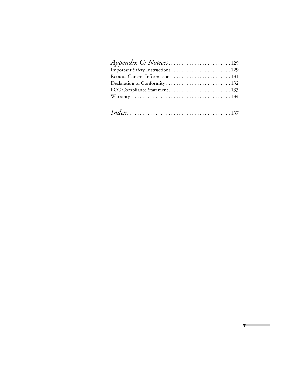 Appendix c: notices, Index | Epson 9300i User Manual | Page 7 / 140