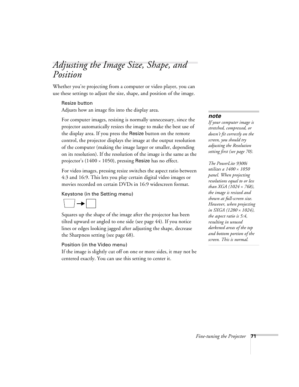 Adjusting the image size, shape, and position | Epson 9300i User Manual | Page 71 / 140