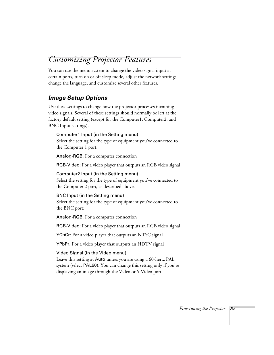 Customizing projector features, Image setup options | Epson 9300i User Manual | Page 75 / 140