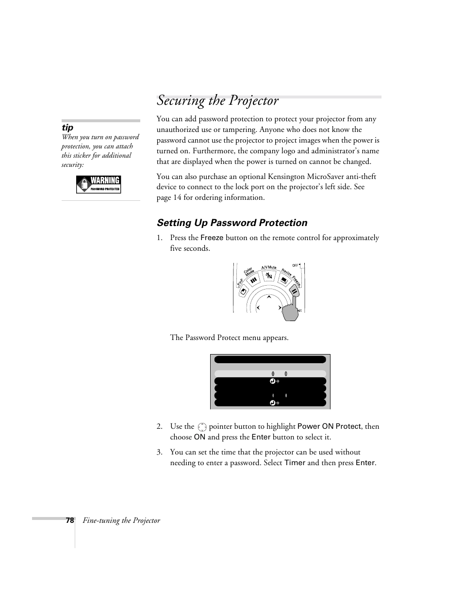 Securing the projector, Setting up password protection | Epson 9300i User Manual | Page 78 / 140