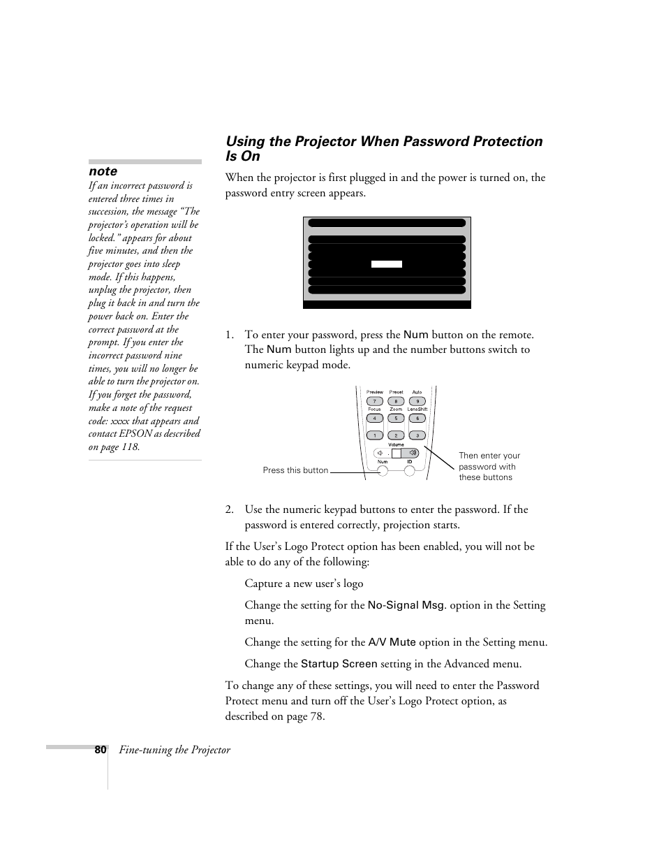 Using the projector when password protection is on | Epson 9300i User Manual | Page 80 / 140