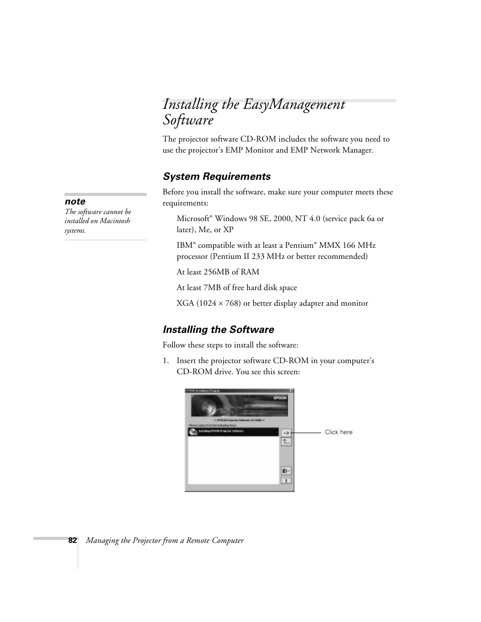 Installing the easymanagement software, System requirements, Installing the software | System requirements installing the software | Epson 9300i User Manual | Page 82 / 140