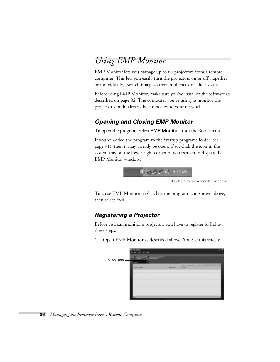 Using emp monitor, Opening and closing emp monitor, Registering a projector | Epson 9300i User Manual | Page 86 / 140