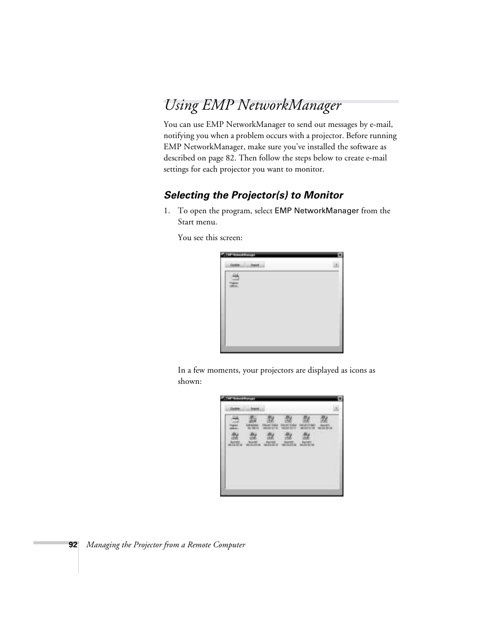 Using emp networkmanager, Selecting the projector(s) to monitor | Epson 9300i User Manual | Page 92 / 140