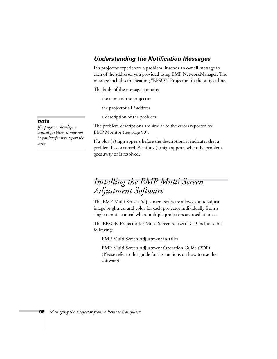 Understanding the notification messages | Epson 9300i User Manual | Page 96 / 140