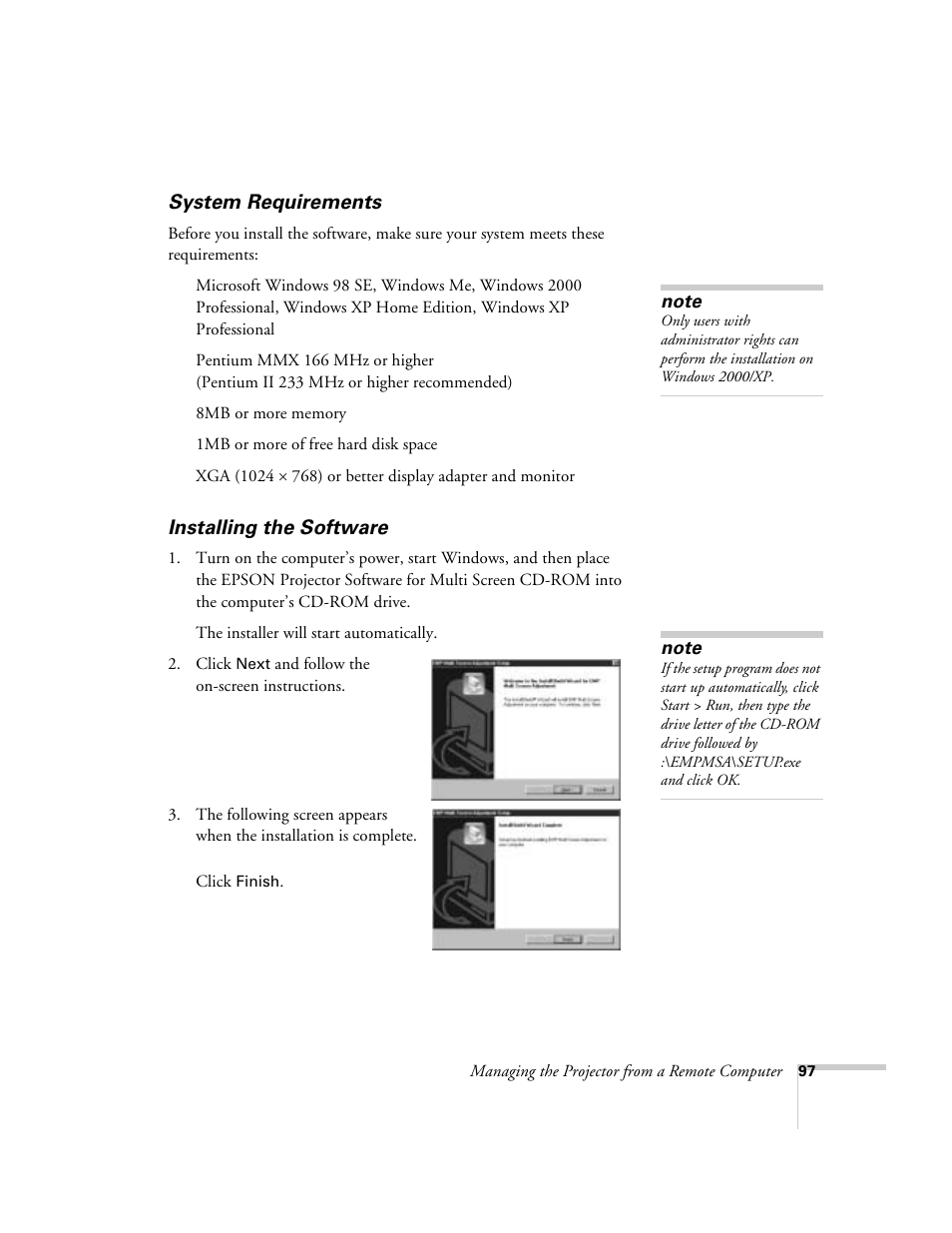 System requirements, Installing the software, System requirements installing the software | Epson 9300i User Manual | Page 97 / 140