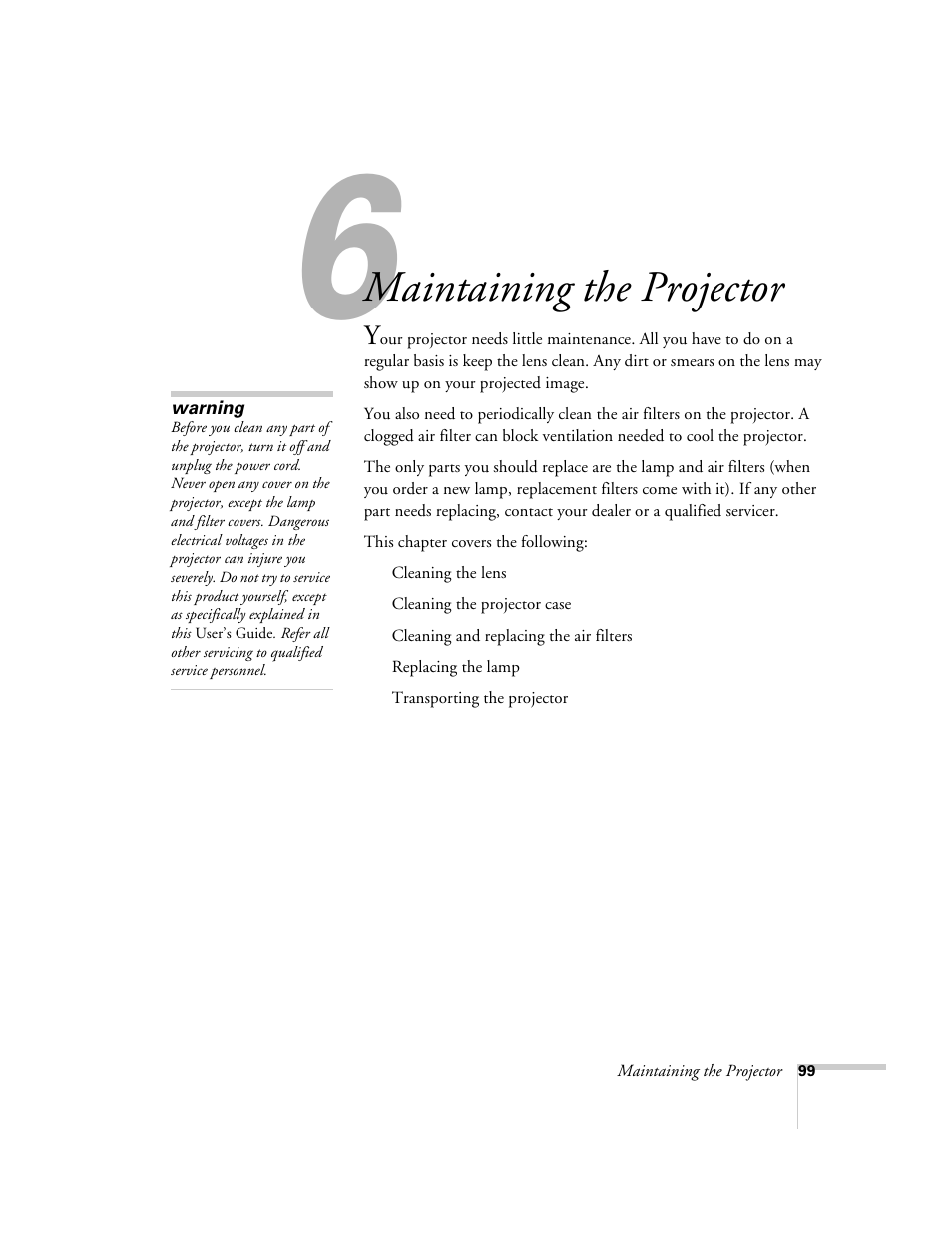 Maintaining the projector | Epson 9300i User Manual | Page 99 / 140