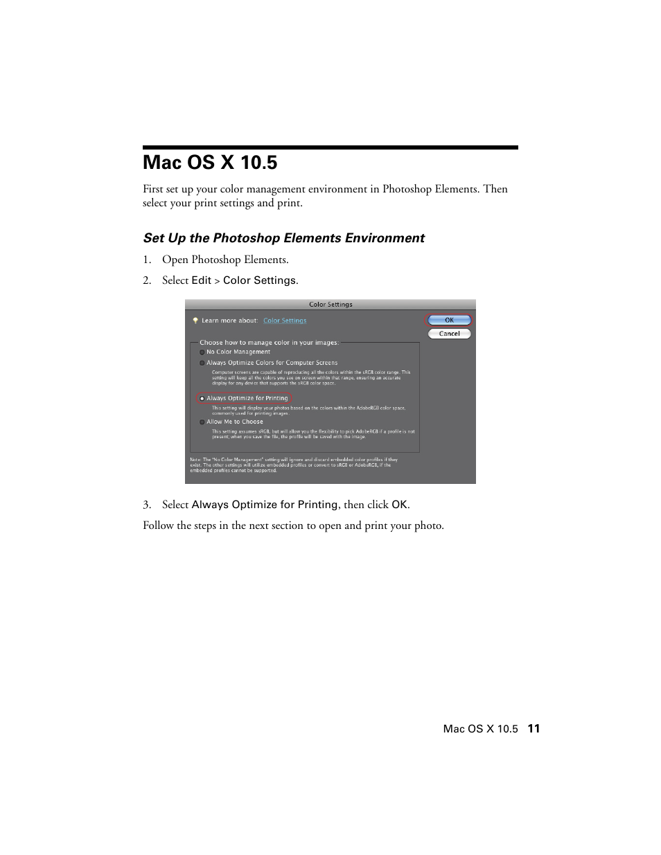 Mac os x 10.5, Set up the photoshop elements environment | Epson Stylus Photo 1400 User Manual | Page 11 / 21