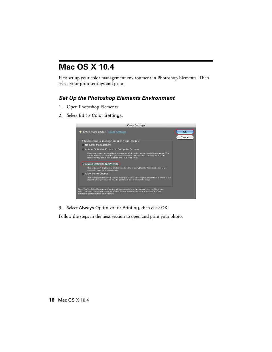 Mac os x 10.4, Set up the photoshop elements environment | Epson Stylus Photo 1400 User Manual | Page 16 / 21