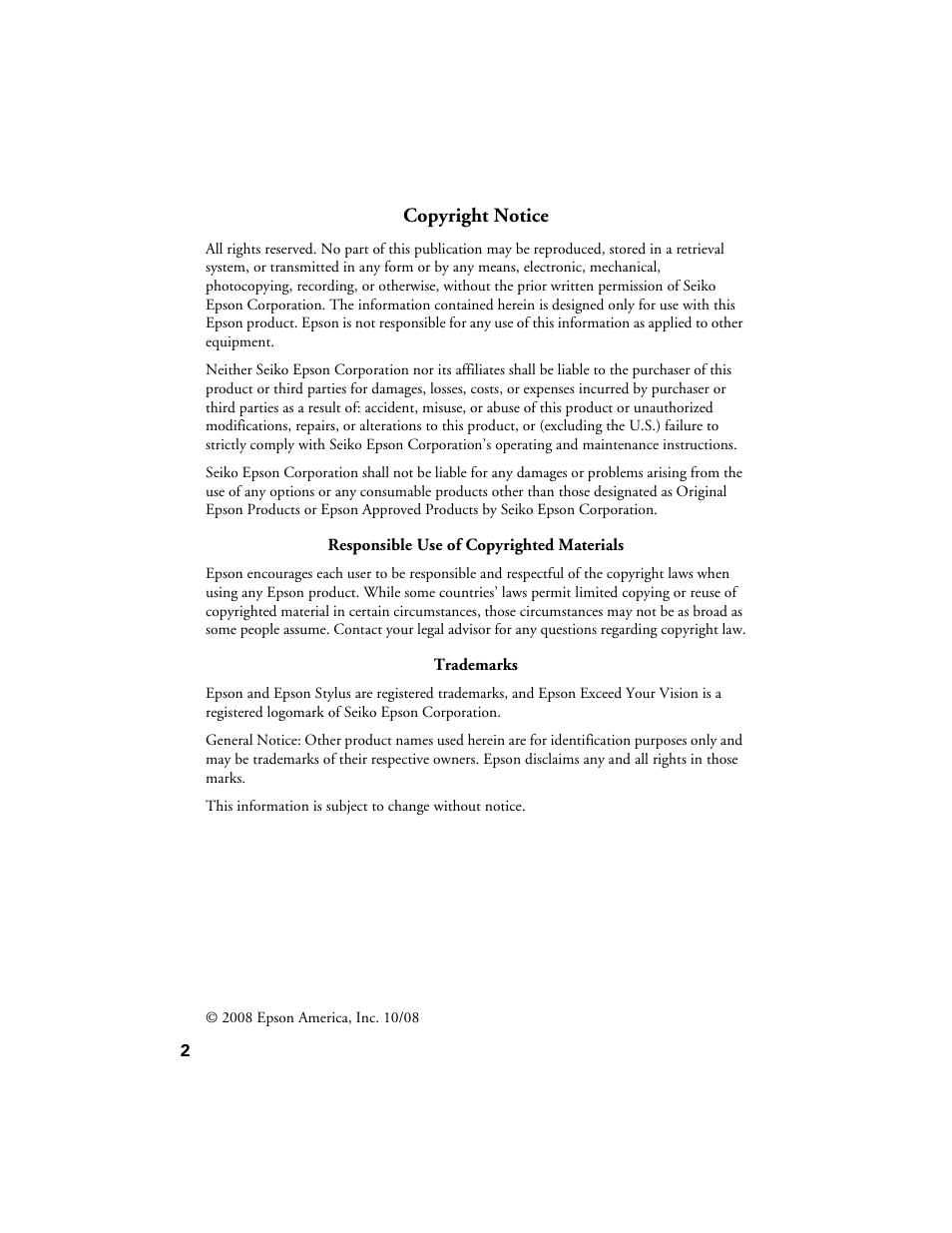 Copyright notice | Epson Stylus Photo 1400 User Manual | Page 2 / 21