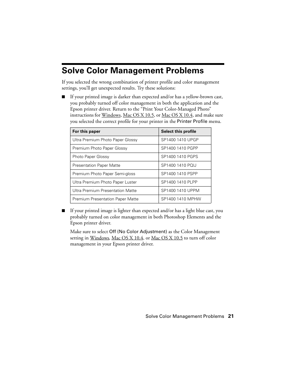 Solve color management problems | Epson Stylus Photo 1400 User Manual | Page 21 / 21