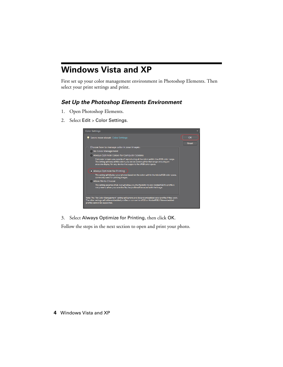 Windows vista and xp, Set up the photoshop elements environment | Epson Stylus Photo 1400 User Manual | Page 4 / 21