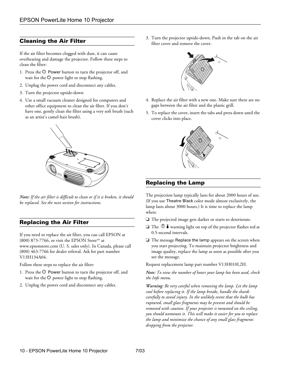 Cleaning the air filter, Replacing the air filter, Replacing the lamp | Epson 10+ User Manual | Page 10 / 12