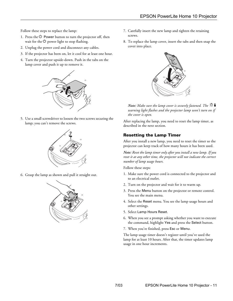 Resetting the lamp timer | Epson 10+ User Manual | Page 11 / 12