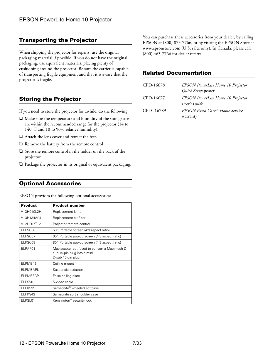 Transporting the projector, Storing the projector, Optional accessories | Related documentation, Epson powerlite home 10 projector | Epson 10+ User Manual | Page 12 / 12
