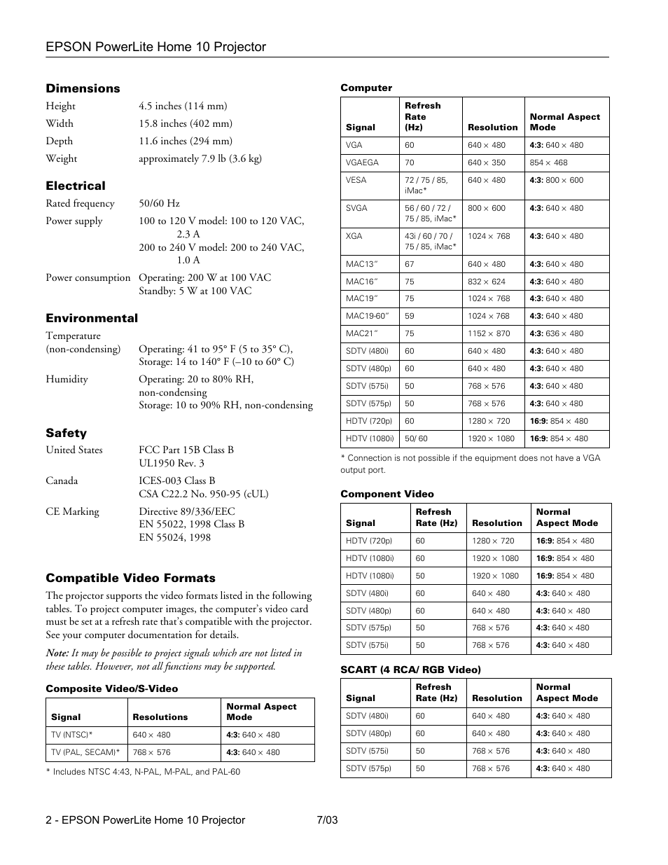 Dimensions, Electrical, Environmental | Safety, Compatible video formats, Epson powerlite home 10 projector | Epson 10+ User Manual | Page 2 / 12