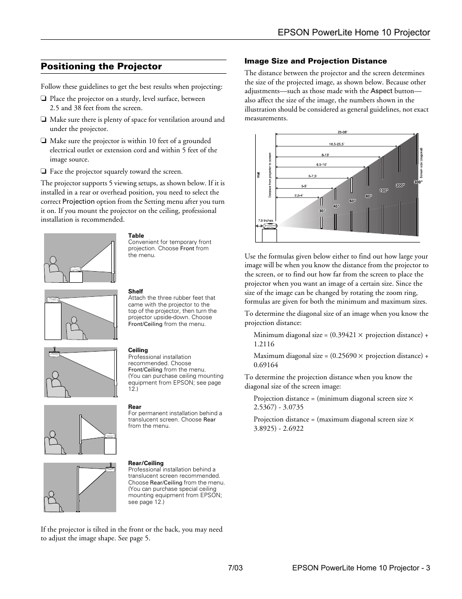 Positioning the projector, Image size and projection distance, Epson powerlite home 10 projector | Epson 10+ User Manual | Page 3 / 12