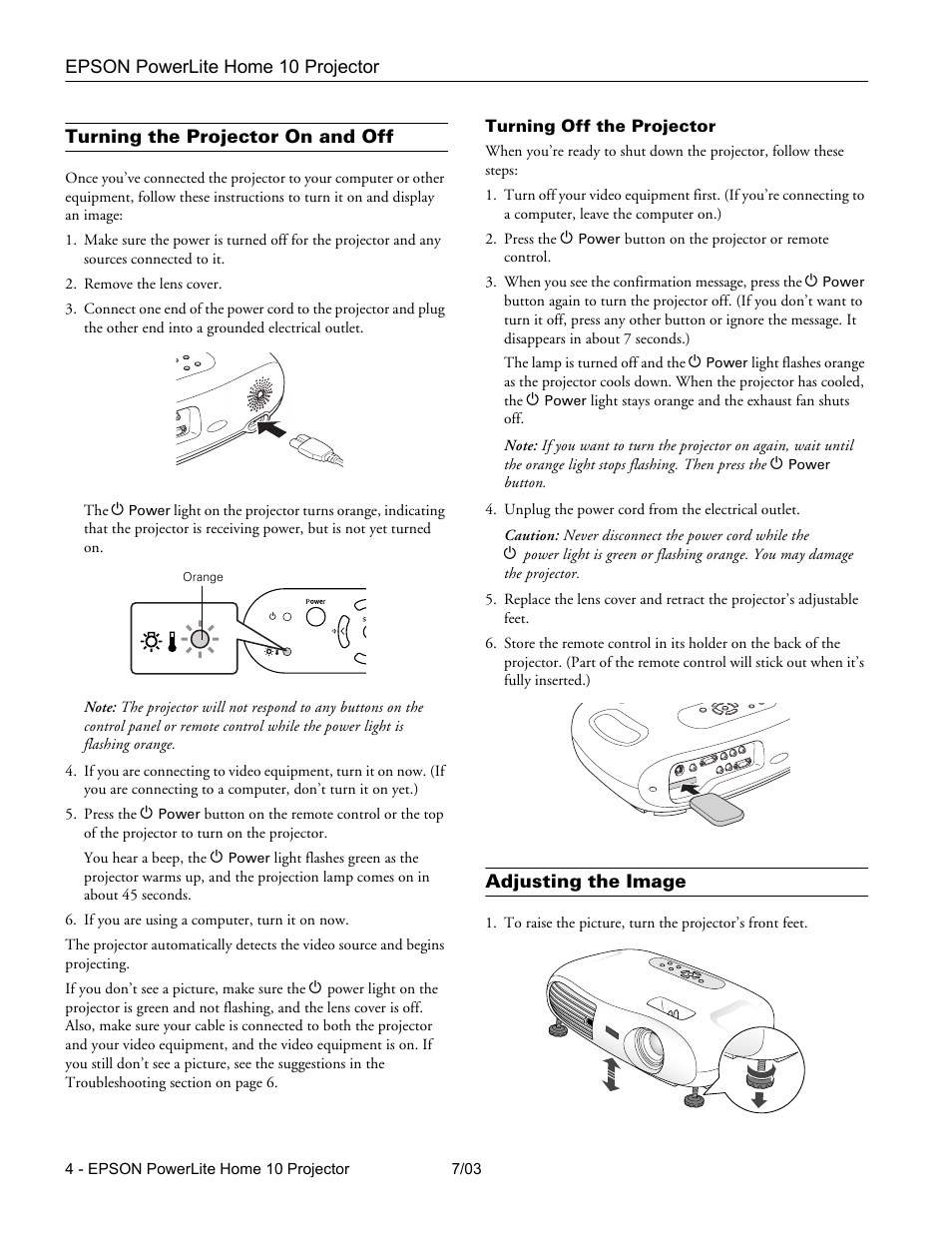 Turning the projector on and off, Turning off the projector, Adjusting the image | Epson 10+ User Manual | Page 4 / 12