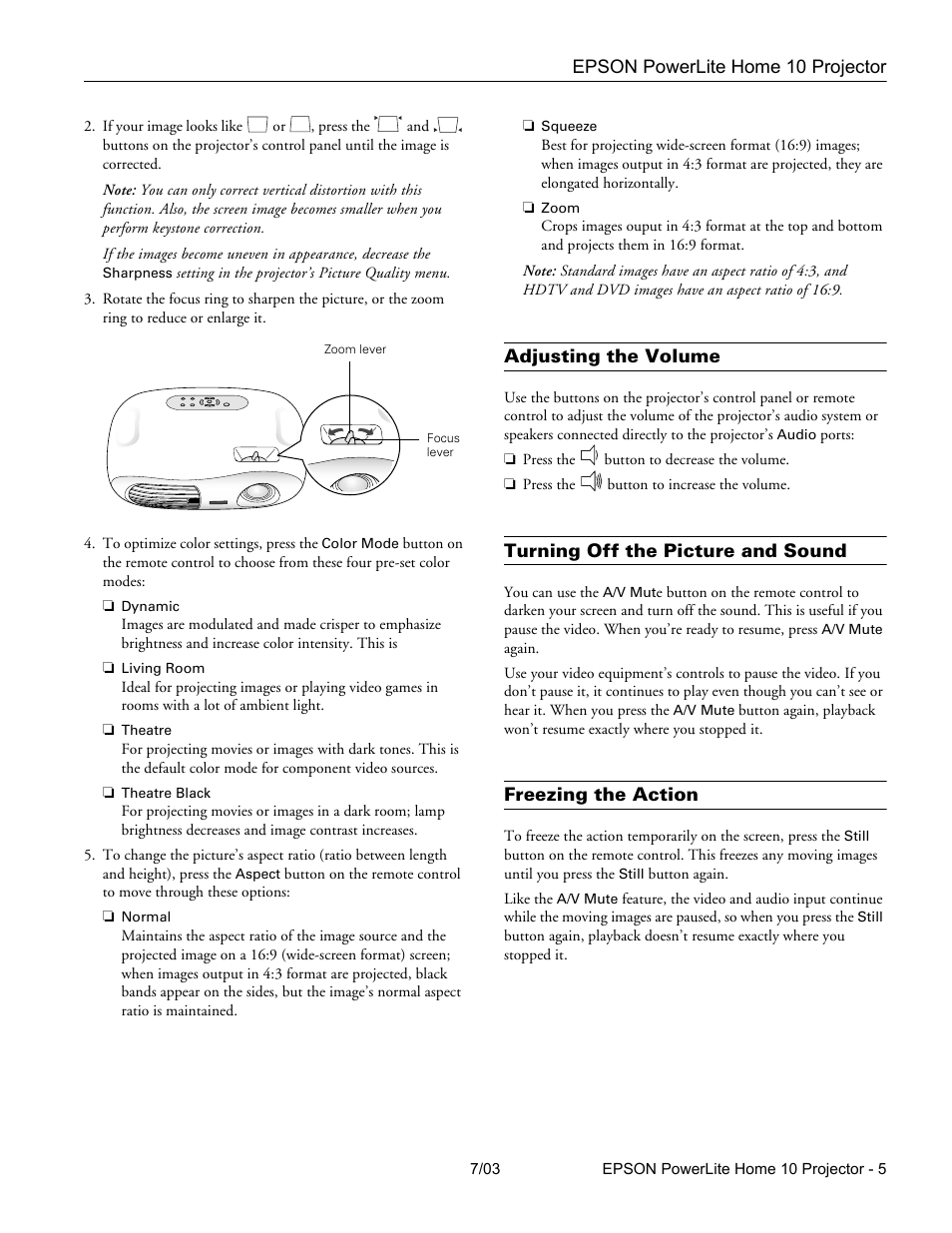 Adjusting the volume, Turning off the picture and sound, Freezing the action | Epson 10+ User Manual | Page 5 / 12