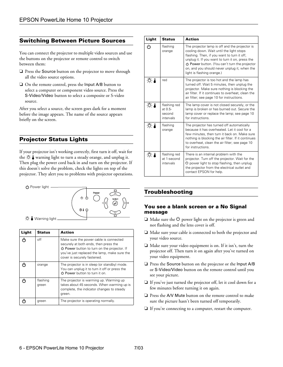 Switching between picture sources, Projector status lights, Troubleshooting | You see a blank screen or a no signal message, Epson powerlite home 10 projector | Epson 10+ User Manual | Page 6 / 12