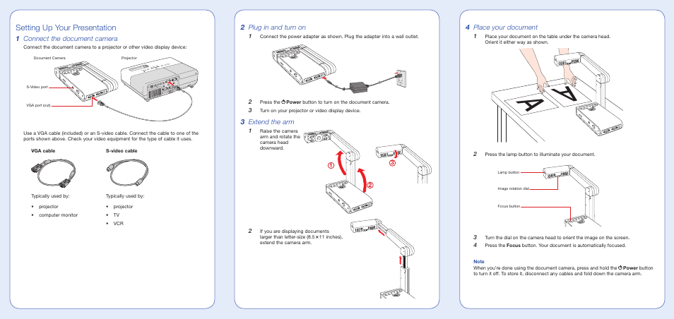 Setting up your presentation, Connect the document camera, 2 plug in and turn on | 3 extend the arm, 1 connect the document camera, 4 place your document | Epson DC-10s User Manual | Page 2 / 6