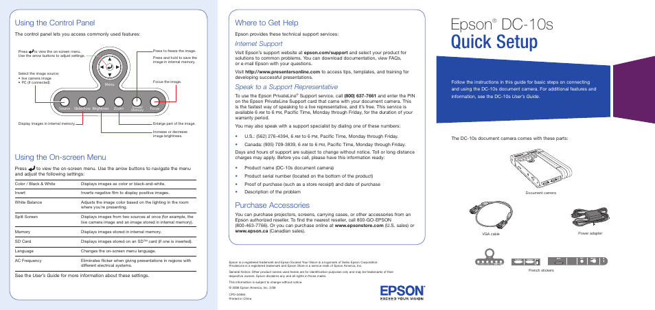 Where to get help, Internet support, Speak to a support representative | Purchase accessories, Quick setup, Epson, Dc-10s, Using the control panel, Using the on-screen menu | Epson DC-10s User Manual | Page 6 / 6