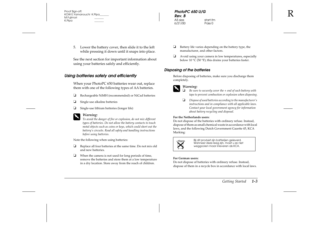 Using batteries safely and efficiently, Disposing of the batteries | Epson 650 User Manual | Page 10 / 38