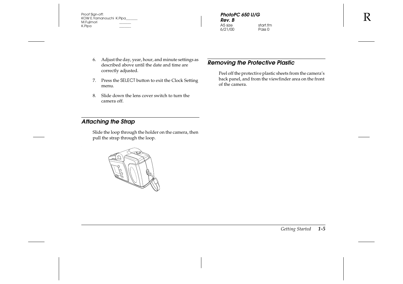 Attaching the strap, Removing the protective plastic | Epson 650 User Manual | Page 12 / 38