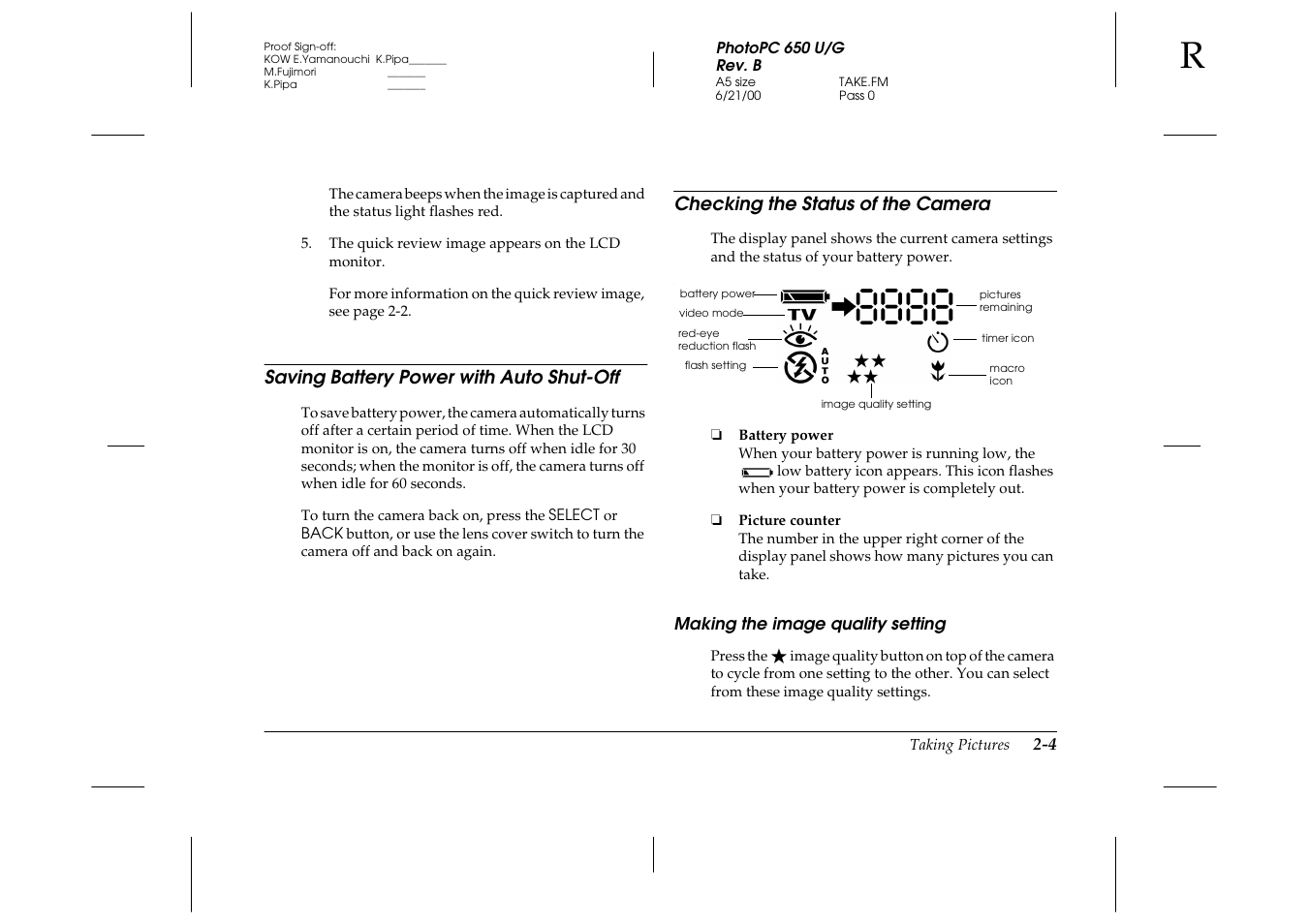 Saving battery power with auto shut-off, Checking the status of the camera, Making the image quality setting | Epson 650 User Manual | Page 16 / 38