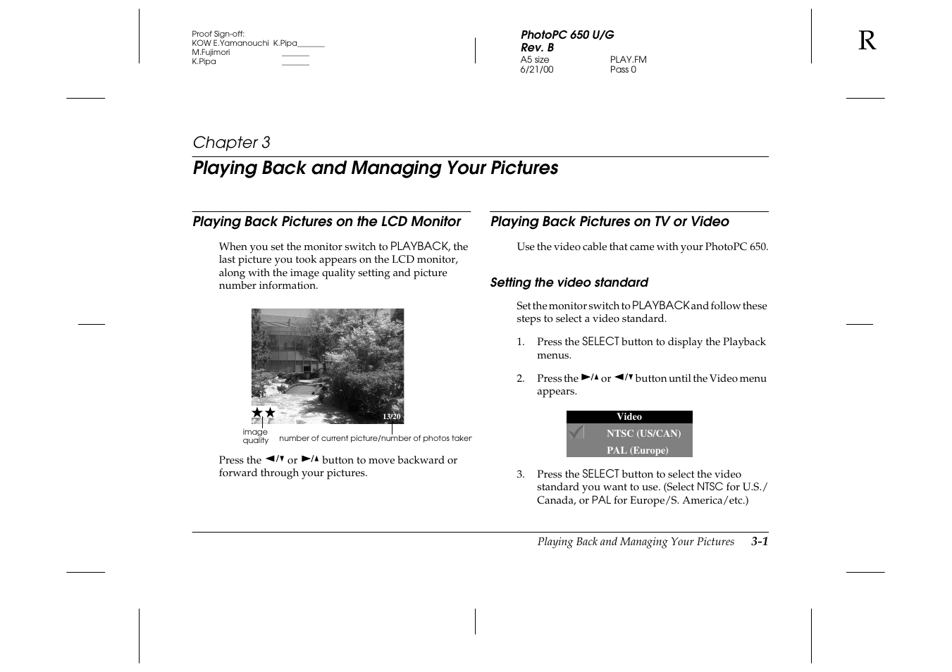 Playing back and managing your pictures, Playing back pictures on the lcd monitor, Playing back pictures on tv or video | Setting the video standard, Chapter 3 | Epson 650 User Manual | Page 18 / 38