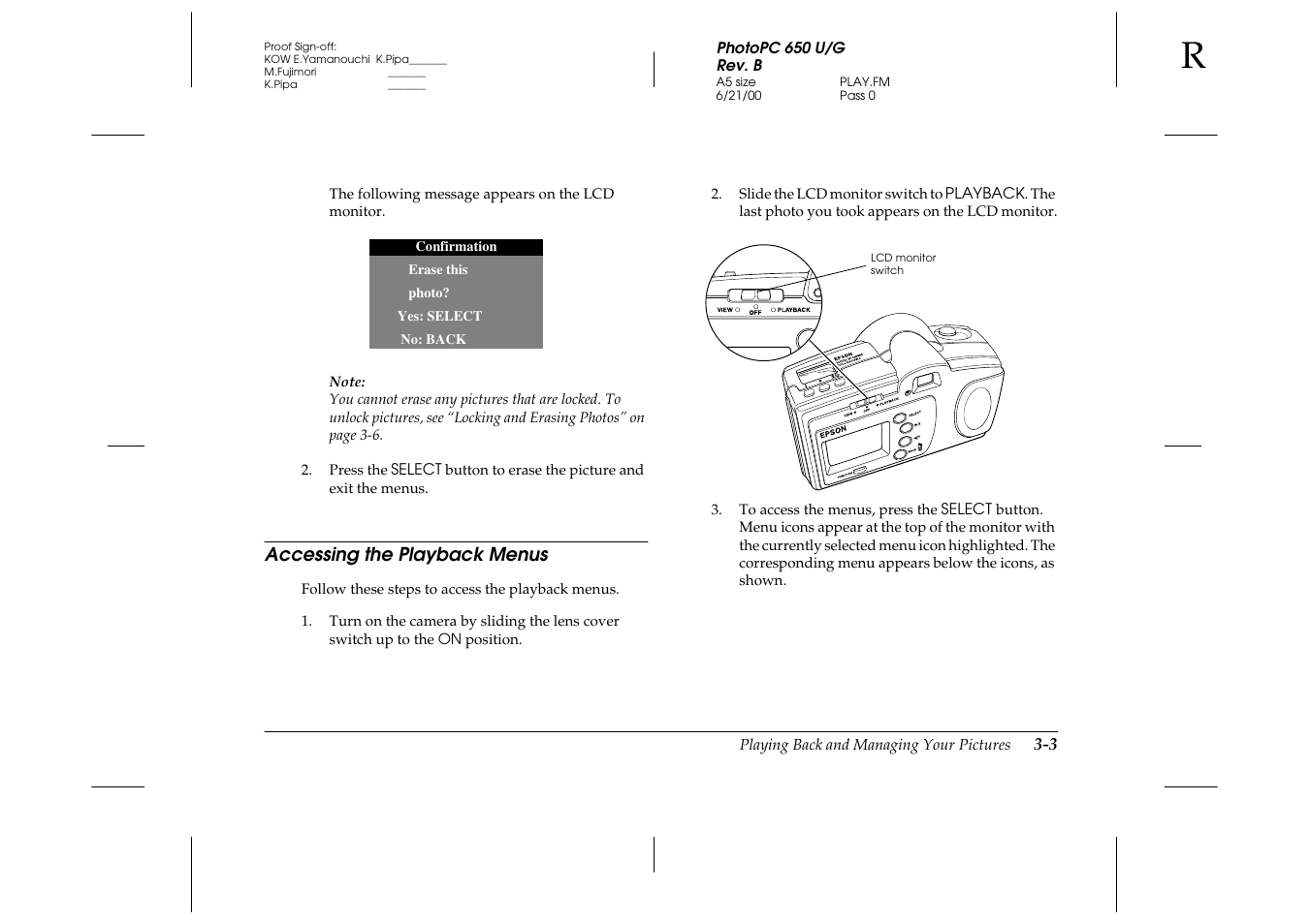 Accessing the playback menus, Accessing the playback menus -3 | Epson 650 User Manual | Page 20 / 38