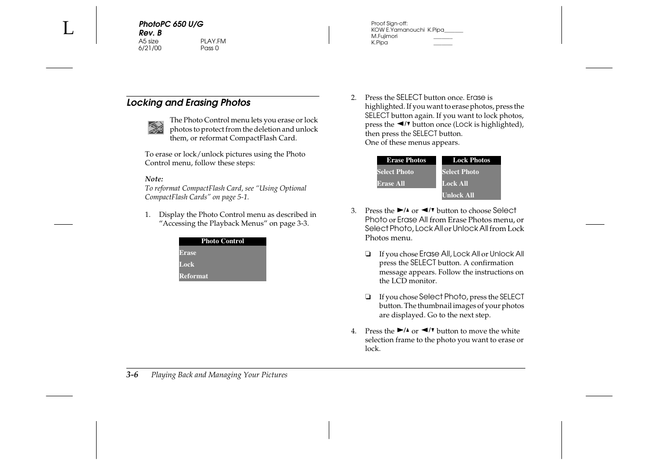 Locking and erasing photos, Locking and erasing photos -6 | Epson 650 User Manual | Page 23 / 38