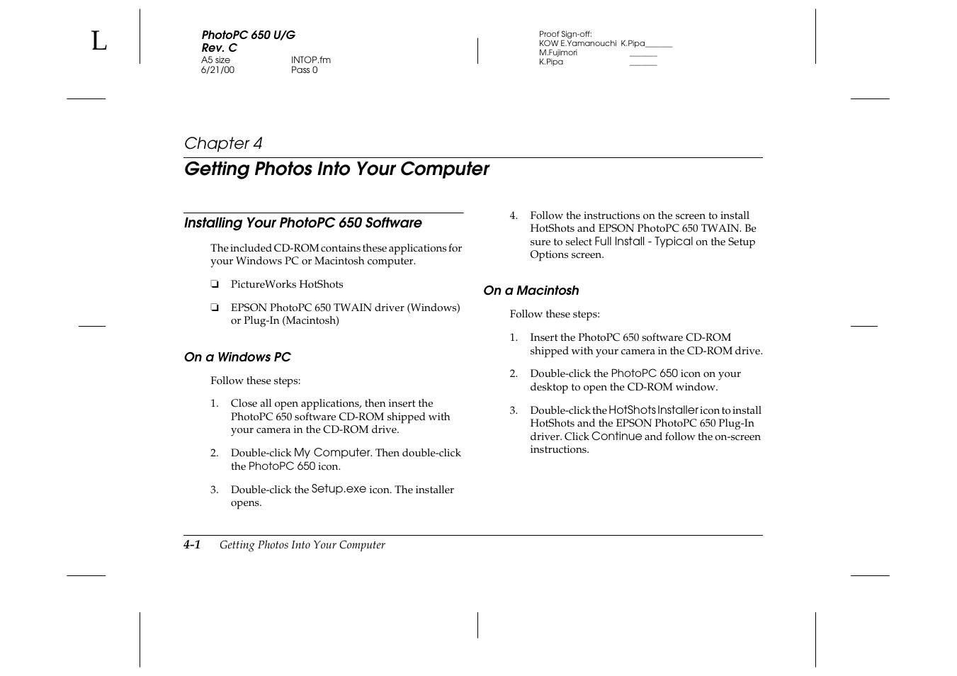 Getting photos into your computer, Installing your photopc650 software, On a windows pc | On a macintosh, Chapter 4, Installing your photopc 650 software -1 | Epson 650 User Manual | Page 25 / 38