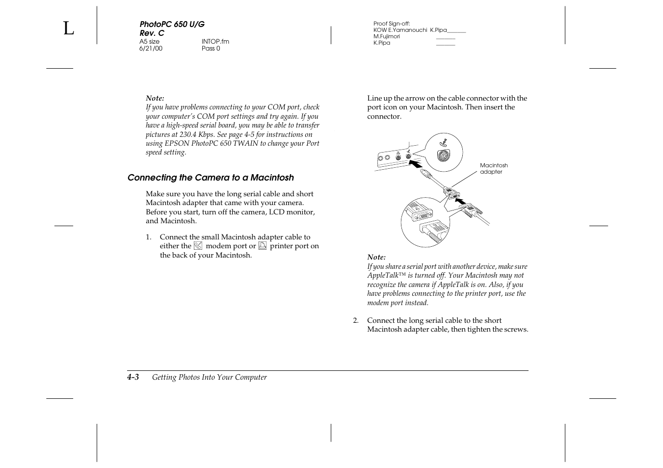 Connecting the camera to a macintosh | Epson 650 User Manual | Page 27 / 38