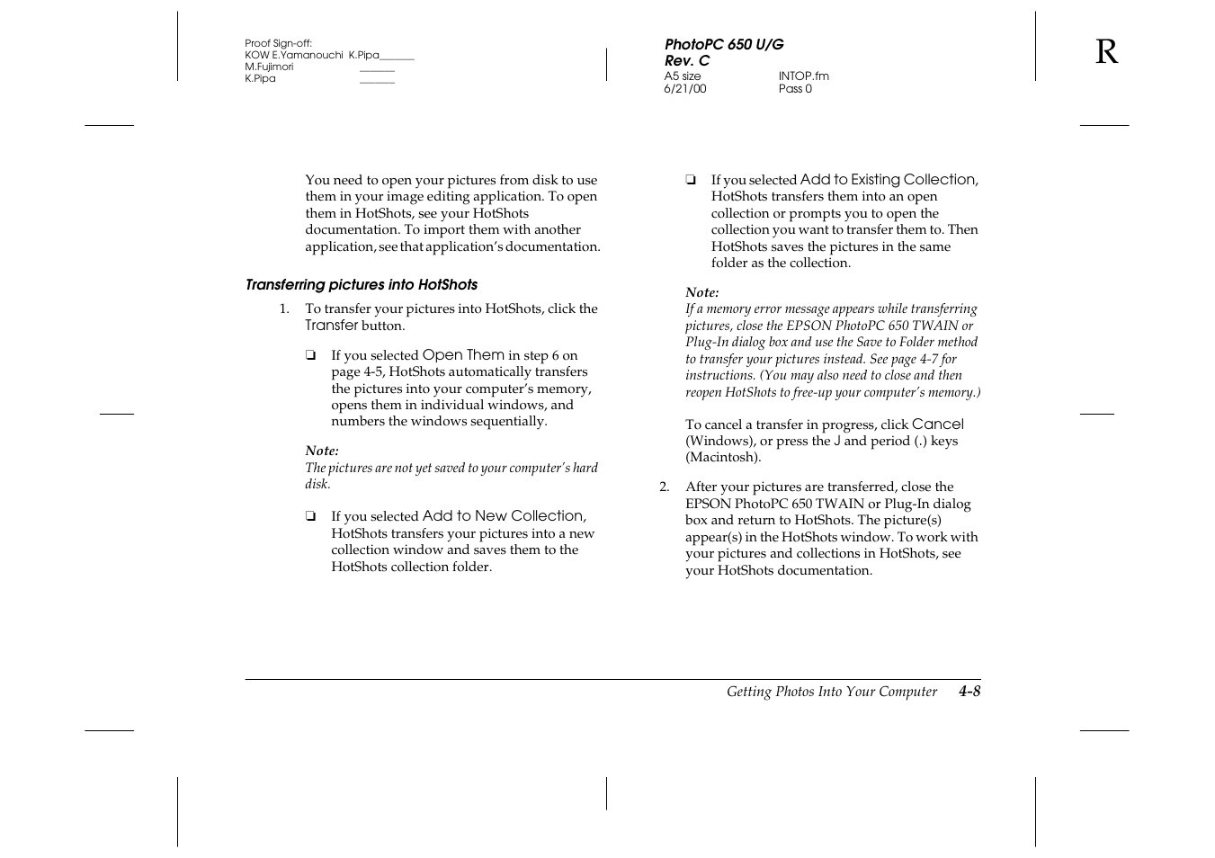 Transferring pictures into hotshots | Epson 650 User Manual | Page 32 / 38