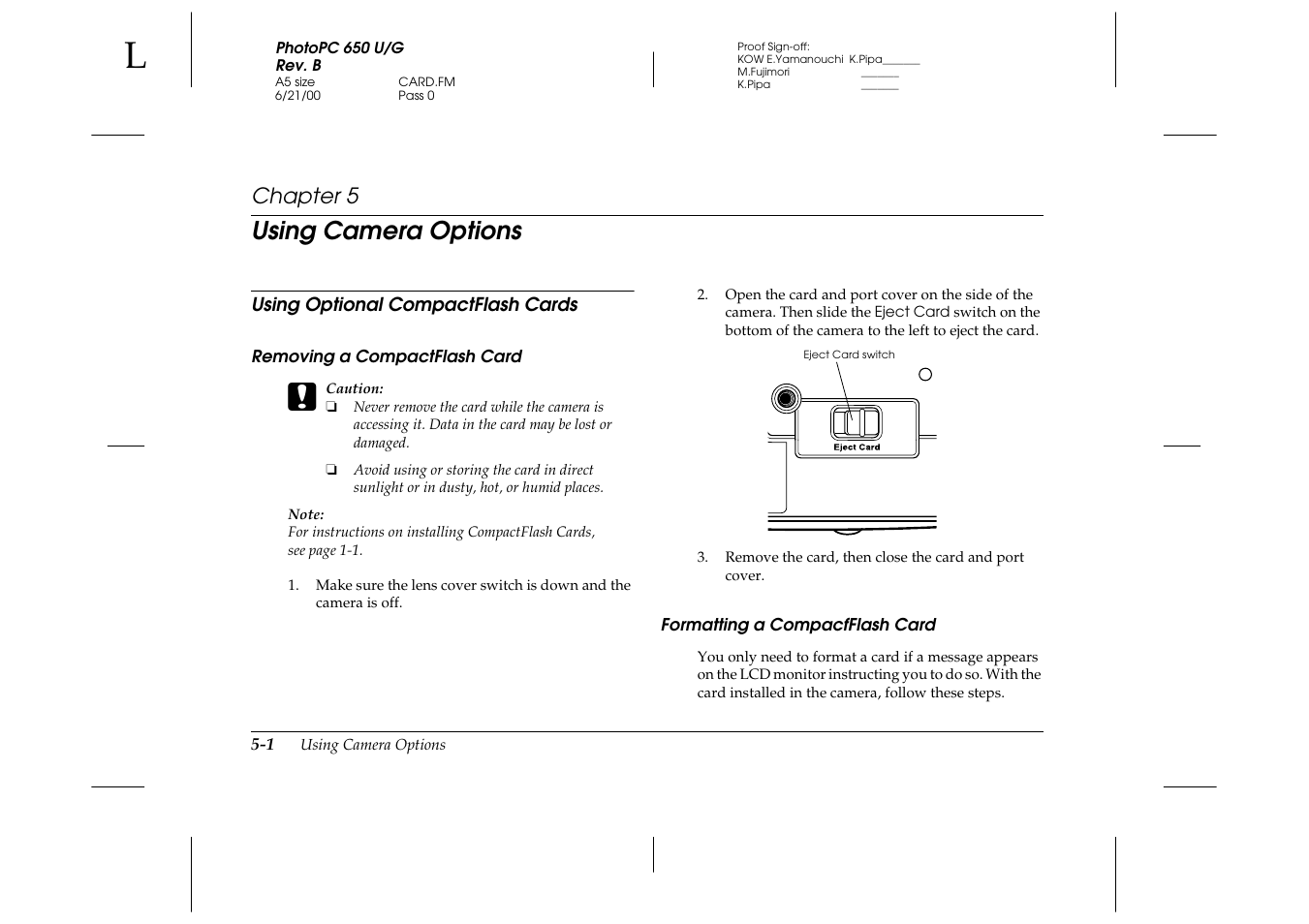 Using camera options, Using optional compactflash cards, Removing a compactflash card | Formatting a compacfflash card, Chapter 5, Using optional compactflash cards -1 | Epson 650 User Manual | Page 33 / 38